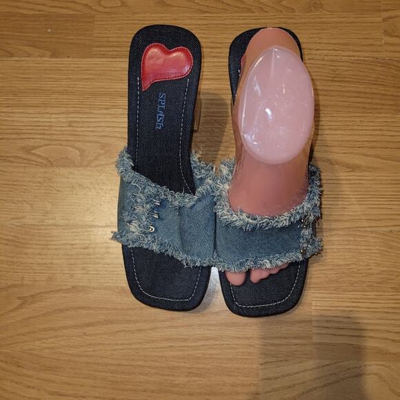 Vintage Womens 90s Y2K Denim Sandals Wood Wedge 4" Heels Size 8 Splash - Picture 9 of 10